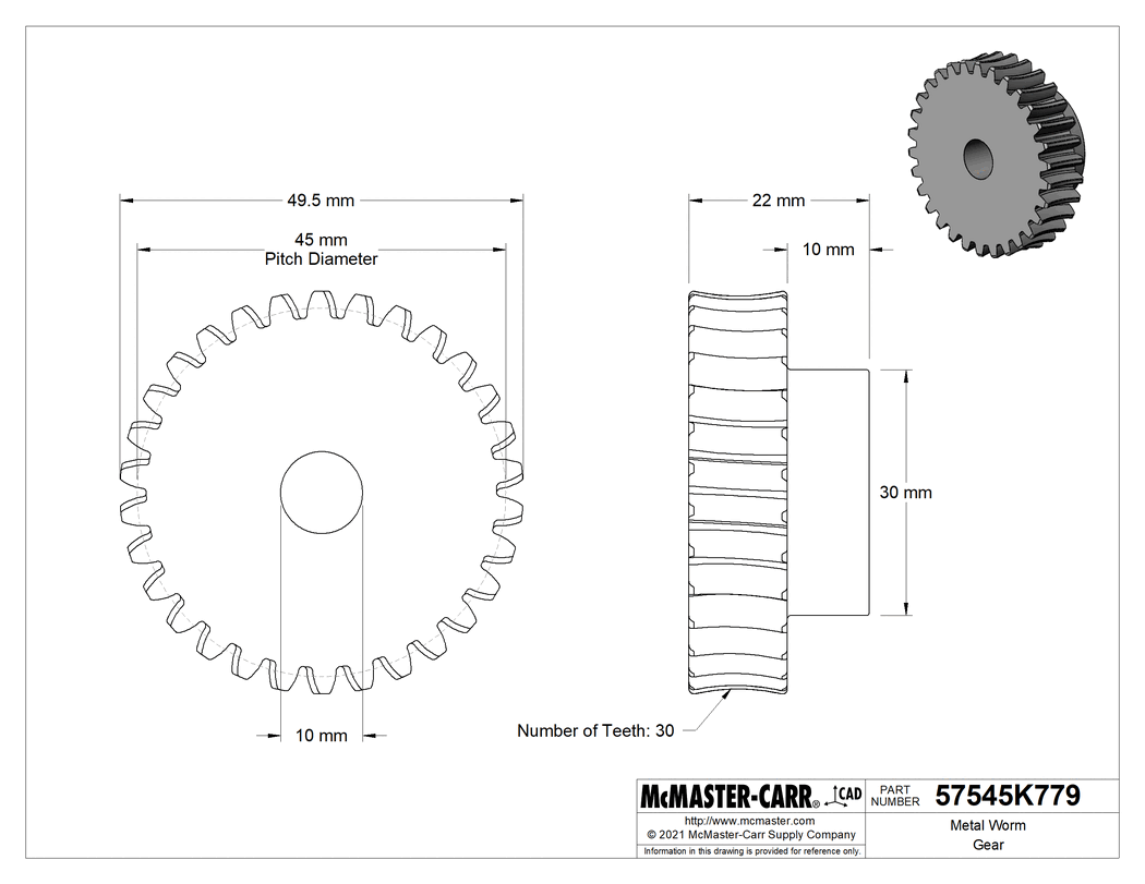 Technical Drawing of Metal Worm Gear, Cast Iron, 1.5 Module, 30:1 Speed Ratio.